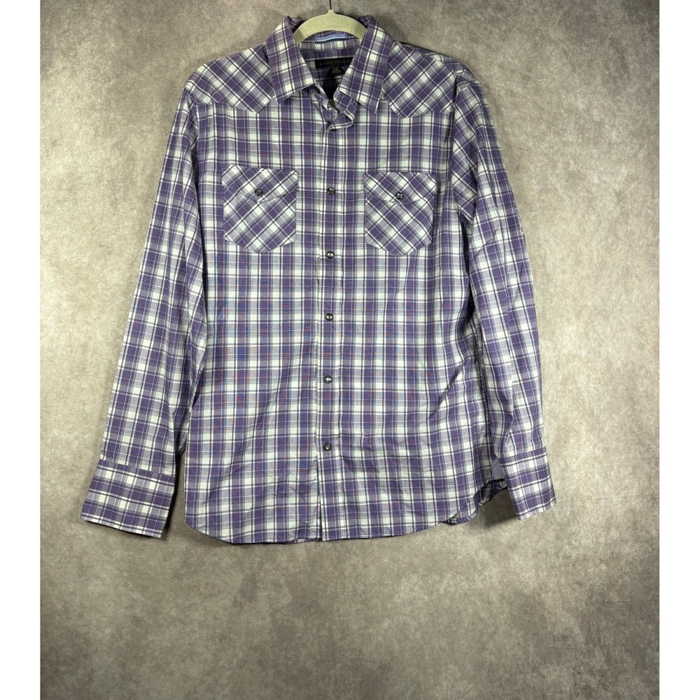 Banana Republic Shirt Men Medium Purple Plaid Western Snap Button Stretch Cowboy